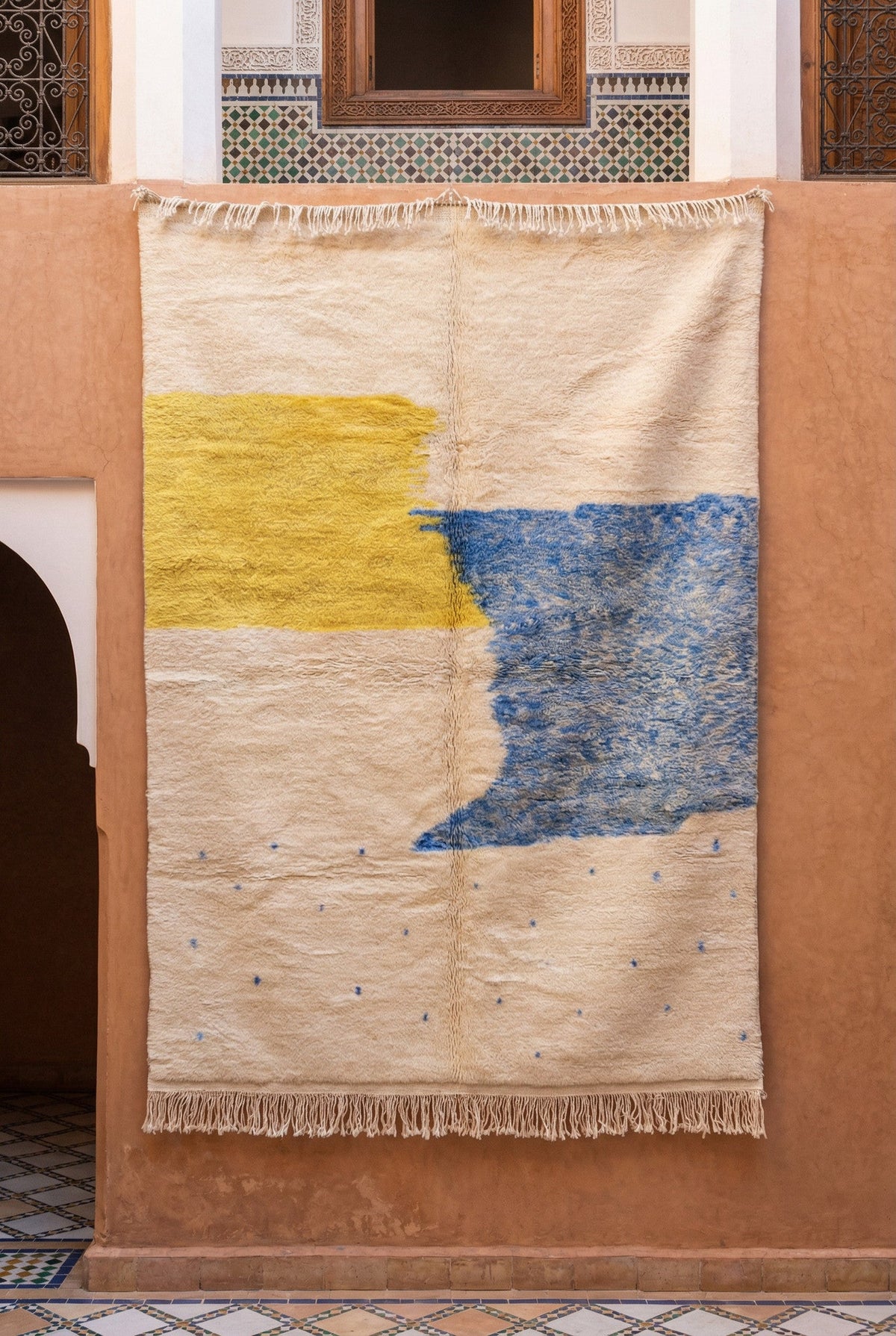 Cream, Yellow & Blue Curved Block Pair Custom Moroccan Rug - Africancreates