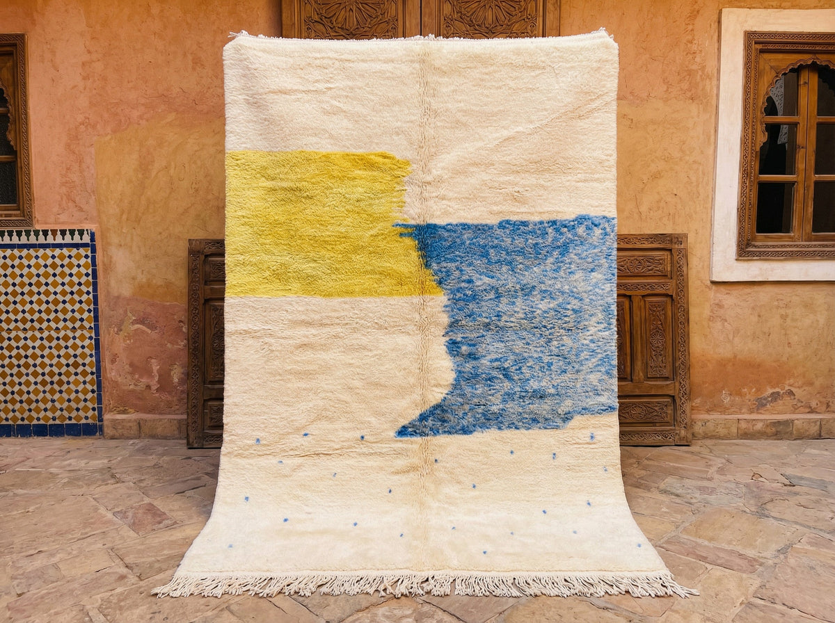 Cream, Yellow & Blue Curved Block Pair Custom Moroccan Rug - Africancreates
