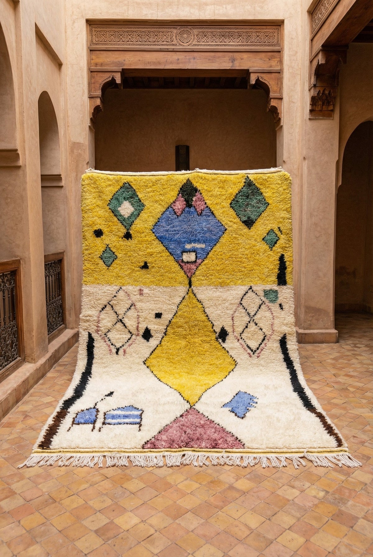 Cream & Yellow Diamond Geometric Arrangement Custom Moroccan Rug - Africancreates