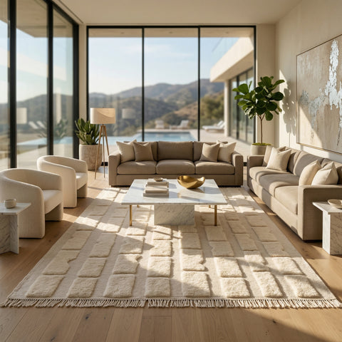 Beige Grids Modern Handmade Moroccan Rug - Custom Living Room Area Beni Rugs