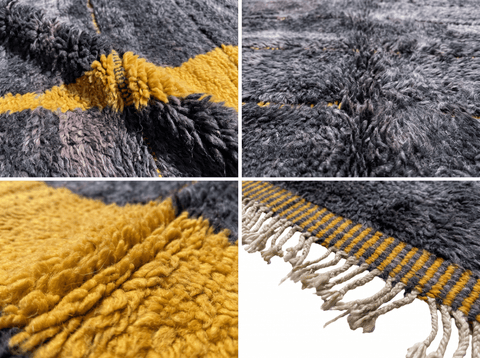 Detailed view of the dark grey Moroccan rug highlighting its texture on a white background.
