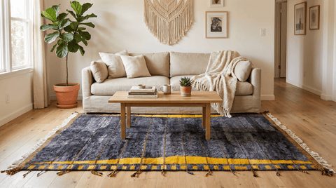 Lifestyle shot of the dark grey Moroccan rug in a natural setting, showcasing its design.