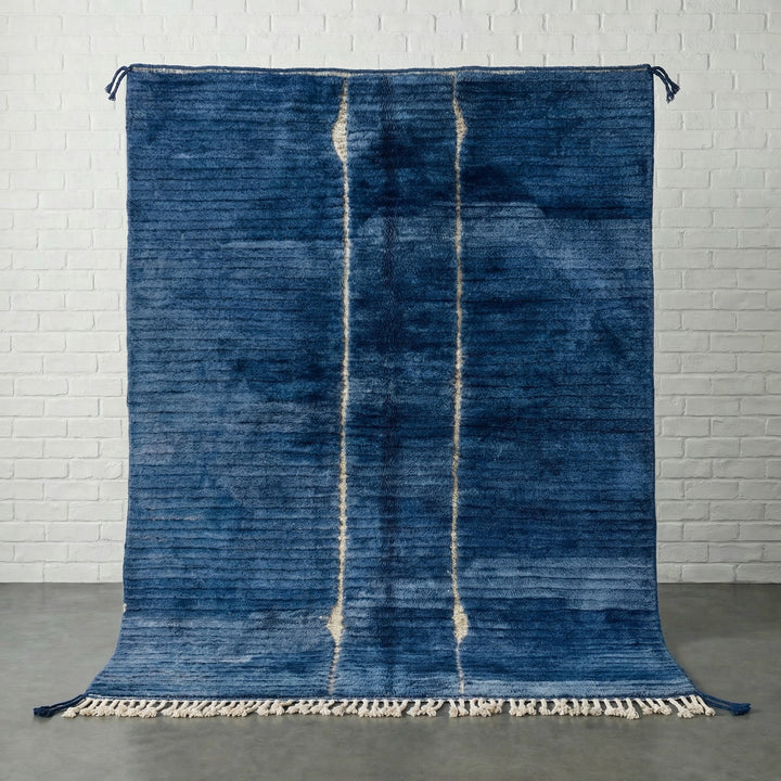 Deep Blue Sparse Ivory Linear Grid Custom Moroccan Rug - Africancreates