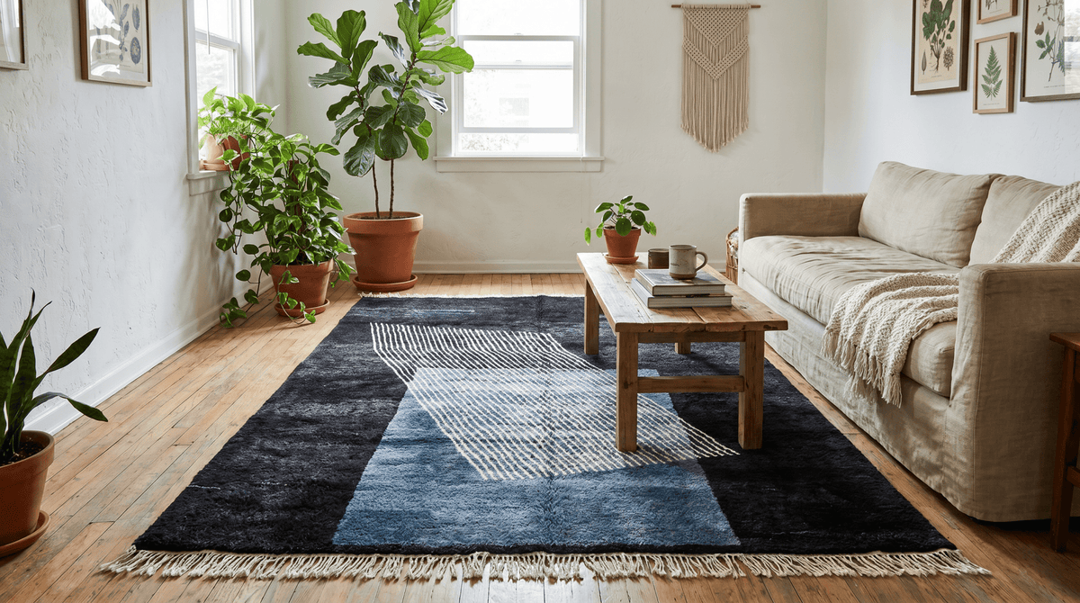 Lifestyle shot of a living room featuring the deep charcoal rug with a wooden coffee table and plants.