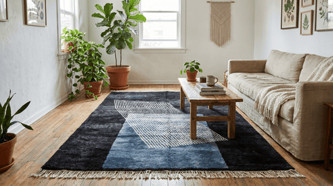 Lifestyle shot of a living room featuring the deep charcoal rug with a wooden coffee table and plants.