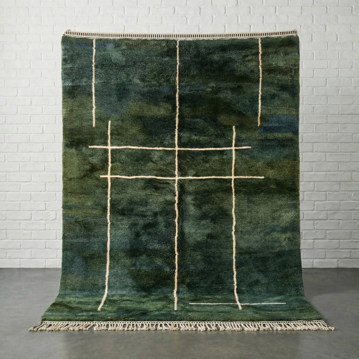Deep Green & Ivory Sparse Linear Grid Custom Mrirt Moroccan Rug - Africancreates