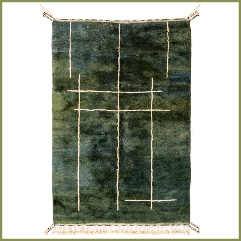 Deep Green & Ivory Sparse Linear Grid Custom Mrirt Moroccan Rug - Africancreates