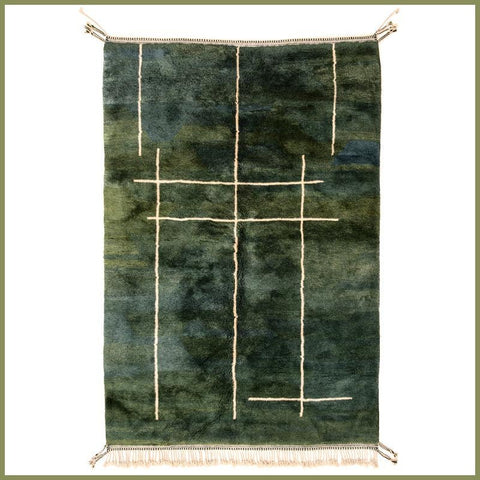 Deep Green & Ivory Sparse Linear Grid Custom Mrirt Moroccan Rug - Africancreates