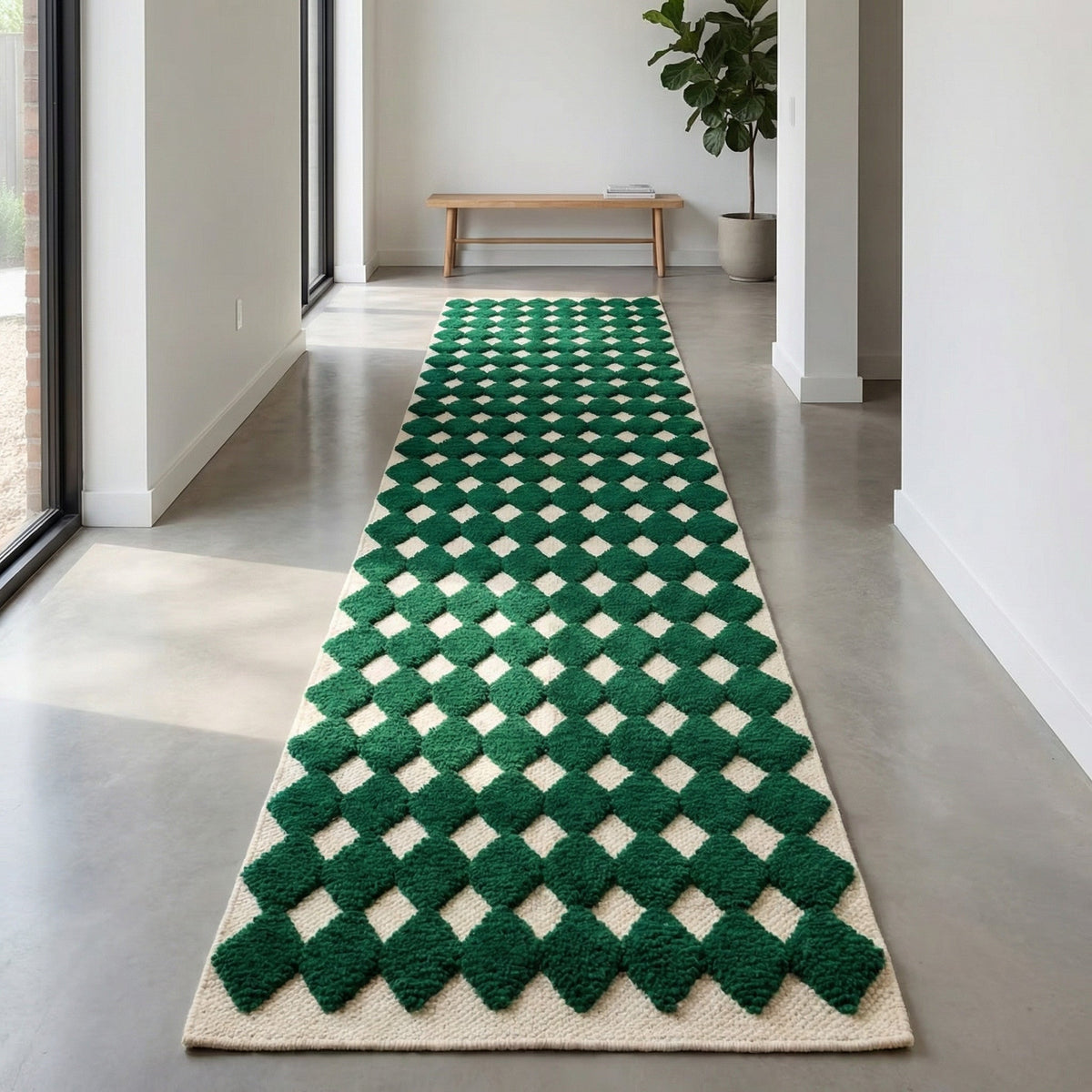 Emerald & Cream Raised Diamond Runner Design Custom Moroccan Rug - Africancreates
