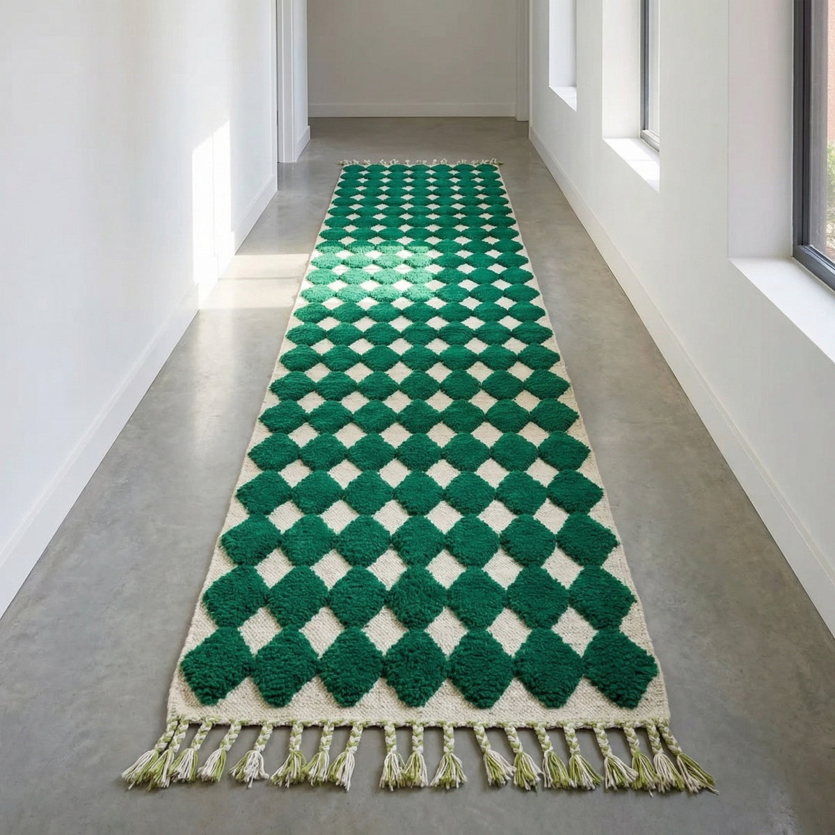 Emerald & Cream Raised Diamond Runner Design Custom Moroccan Rug - Africancreates