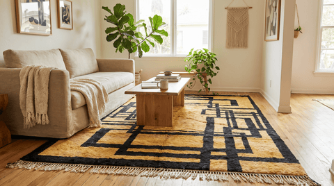 Lifestyle shot of a golden yellow Moroccan rug in a living room setting with a geometric design.