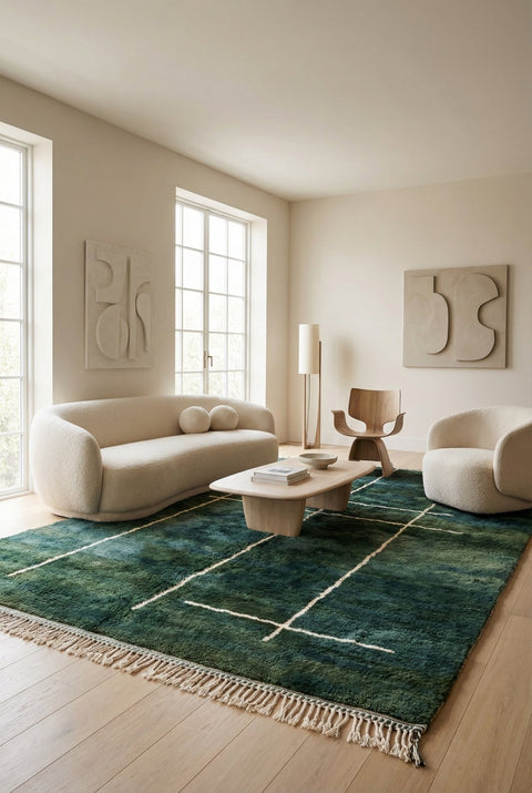 Lifestyle view of a green Moroccan rug featuring a geometric pattern in a natural background.