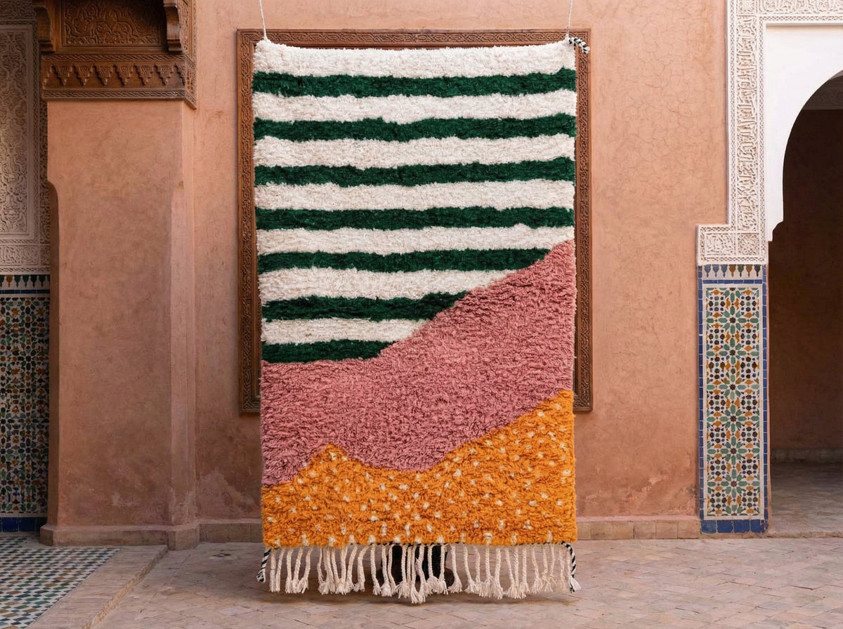 Green Stripe Pink Orange Diagonal Fields Custom Moroccan Rug - Africancreates