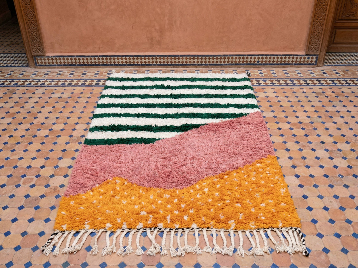 Green Stripe Pink Orange Diagonal Fields Custom Moroccan Rug - Africancreates