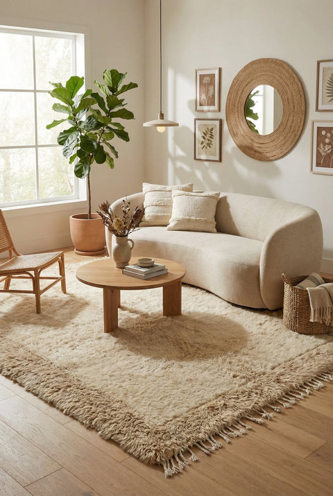 Lifestyle view of a living room with the cream and taupe handwoven Beni Ourain rug displayed.