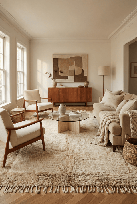 Lifestyle shot of a living room featuring the cream and taupe handwoven Beni Ourain rug.