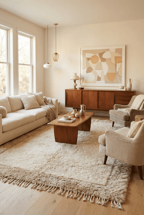 Lifestyle image of the cream and taupe handwoven Beni Ourain rug in a cozy living room setting.