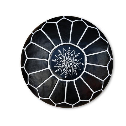Moroccan round leather pouf, handmade leather stool, authentic seat cushion, living room pouf, yoga cushion,handmade black pouf