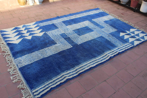 Moroccan Beni Ourain Area Rug: Handmade Wool Rug with a Distinctive Blue and White Design 6 ft X 9 ft Premium quality rug, Modern artwork