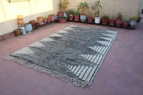 Moroccan Berber Genuine Lamb black Wool Rug 7.2 ft x 11.5 ft ,Ethnic handwoven Rug, Exclusive Natural Artwork Tuareg white Sofa Carpet