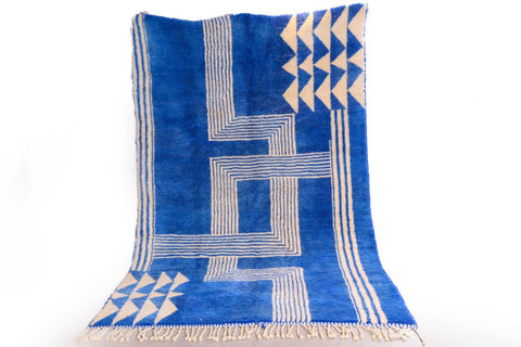 Moroccan Beni Ourain Area Rug: Handmade Wool Rug with a Distinctive Blue and White Design 6 ft X 9 ft Premium quality rug, Modern artwork