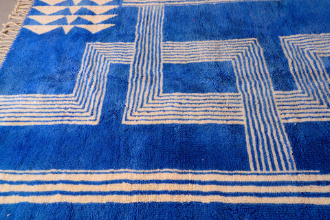 Moroccan Beni Ourain Area Rug: Handmade Wool Rug with a Distinctive Blue and White Design 6 ft X 9 ft Premium quality rug, Modern artwork