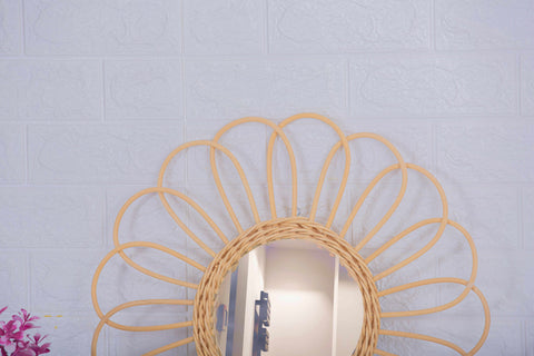 Miroir mural rond en rotin Fleur - décoration murale - écru naturel fait main - Miroir bohème en rotin - Miroir décoratif mural - Miroirs en osier