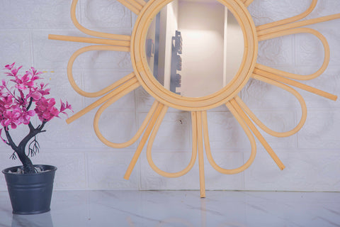 Miroir mural rond en rotin Fleur - décoration murale - écru naturel fait main - Miroir bohème en rotin - Miroir décoratif mural - Miroirs en osier
