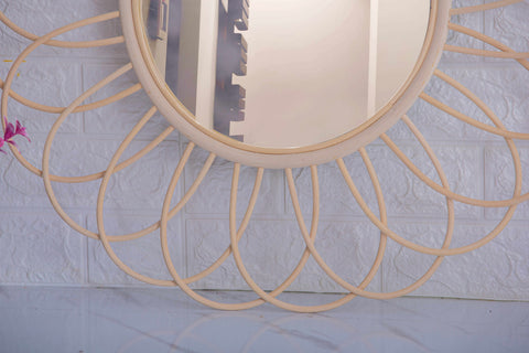 Miroir mural rond en rotin Fleur - décoration murale - écru naturel fait main - Miroir bohème en rotin - Miroir décoratif mural - Miroirs en osier