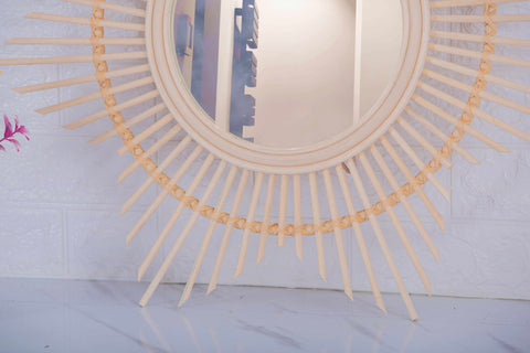 Miroir mural rond en rotin Fleur - décoration murale - écru naturel fait main - Miroir bohème en rotin - Miroir décoratif mural - Miroirs en osier