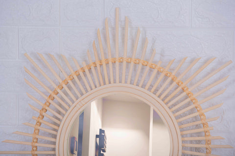 Miroir mural rond en rotin Fleur - décoration murale - écru naturel fait main - Miroir bohème en rotin - Miroir décoratif mural - Miroirs en osier