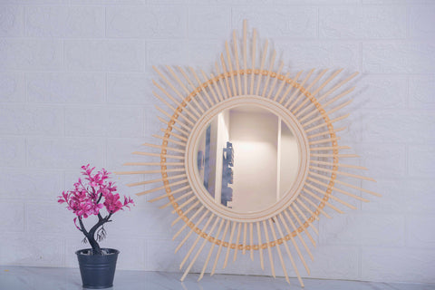 Miroir mural rond en rotin Fleur - décoration murale - écru naturel fait main - Miroir bohème en rotin - Miroir décoratif mural - Miroirs en osier