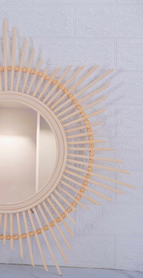 Miroir mural rond en rotin Fleur - décoration murale - écru naturel fait main - Miroir bohème en rotin - Miroir décoratif mural - Miroirs en osier