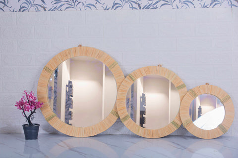 Lot de 3 miroirs muraux ronds en rotin- décoration murale-Miroir bohème en rotin-Miroir décoratif mural-Miroirs en osier