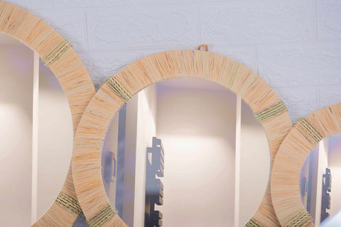 Lot de 3 miroirs muraux ronds en rotin- décoration murale-Miroir bohème en rotin-Miroir décoratif mural-Miroirs en osier