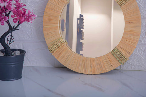 Lot de 3 miroirs muraux ronds en rotin- décoration murale-Miroir bohème en rotin-Miroir décoratif mural-Miroirs en osier