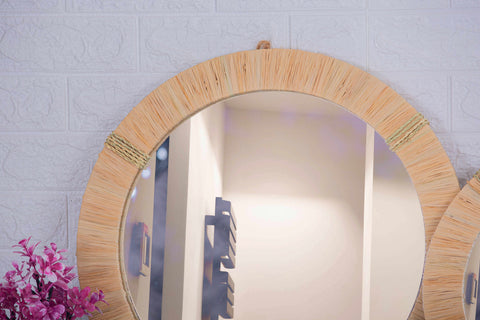 Lot de 3 miroirs muraux ronds en rotin- décoration murale-Miroir bohème en rotin-Miroir décoratif mural-Miroirs en osier