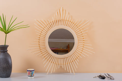 Miroir mural rond en rotin Fleur - décoration murale - écru naturel fait main - Miroir bohème en rotin - Miroir décoratif mural - Miroirs en osier