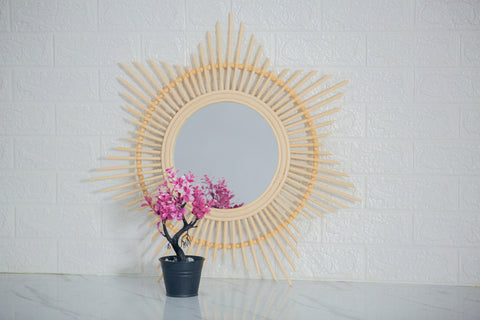 Miroir mural rond en rotin Fleur - décoration murale - écru naturel fait main - Miroir bohème en rotin - Miroir décoratif mural - Miroirs en osier