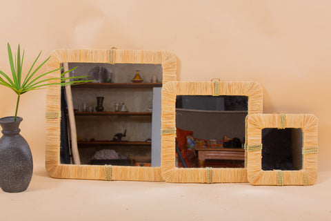 Lot de 3 miroirs muraux carrés en rotin- décoration murale-Miroir bohème en rotin-Miroir décoratif mural-Miroirs en osier