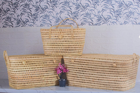 Coffre de rangement Trio en osier - 3 Coffres de rangement en feuilles de palmier Panier de rangement 80+60+50 cm