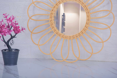 Miroir mural rond en rotin Fleur - décoration murale - écru naturel fait main - Miroir bohème en rotin - Miroir décoratif mural - Miroirs en osier