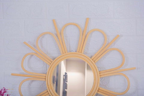 Miroir mural rond en rotin Fleur - décoration murale - écru naturel fait main - Miroir bohème en rotin - Miroir décoratif mural - Miroirs en osier