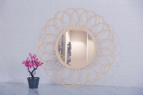 Miroir mural rond en rotin Fleur - décoration murale - écru naturel fait main - Miroir bohème en rotin - Miroir décoratif mural - Miroirs en osier