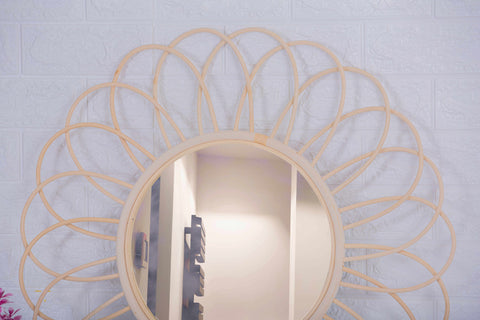 Miroir mural rond en rotin Fleur - décoration murale - écru naturel fait main - Miroir bohème en rotin - Miroir décoratif mural - Miroirs en osier