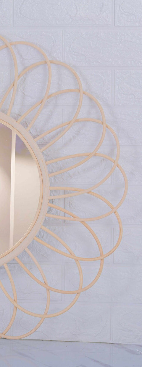 Miroir mural rond en rotin Fleur - décoration murale - écru naturel fait main - Miroir bohème en rotin - Miroir décoratif mural - Miroirs en osier