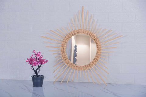 Miroir mural rond en rotin Fleur - décoration murale - écru naturel fait main - Miroir bohème en rotin - Miroir décoratif mural - Miroirs en osier