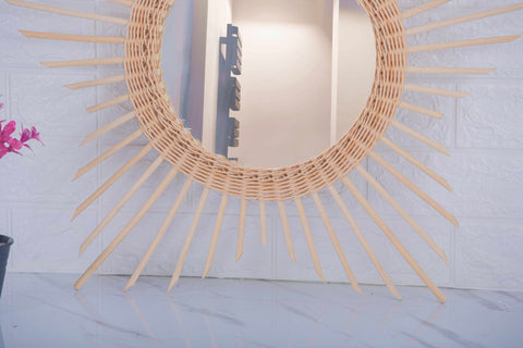 Miroir mural rond en rotin Fleur - décoration murale - écru naturel fait main - Miroir bohème en rotin - Miroir décoratif mural - Miroirs en osier