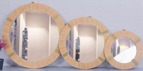 Lot de 3 miroirs muraux ronds en rotin- décoration murale-Miroir bohème en rotin-Miroir décoratif mural-Miroirs en osier