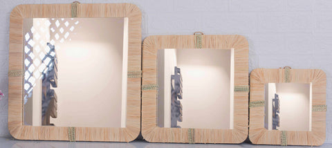 Lot de 3 miroirs muraux carrés en rotin- décoration murale-Miroir bohème en rotin-Miroir décoratif mural-Miroirs en osier